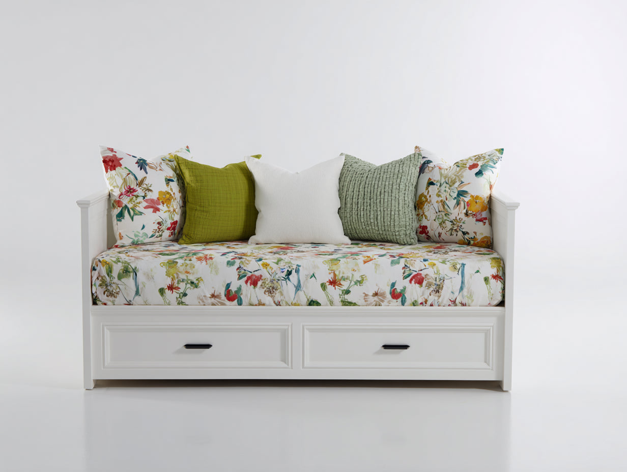 Divano letto-Legno-201x94x87 cm-Bianco-Design classico floreale con contenitore