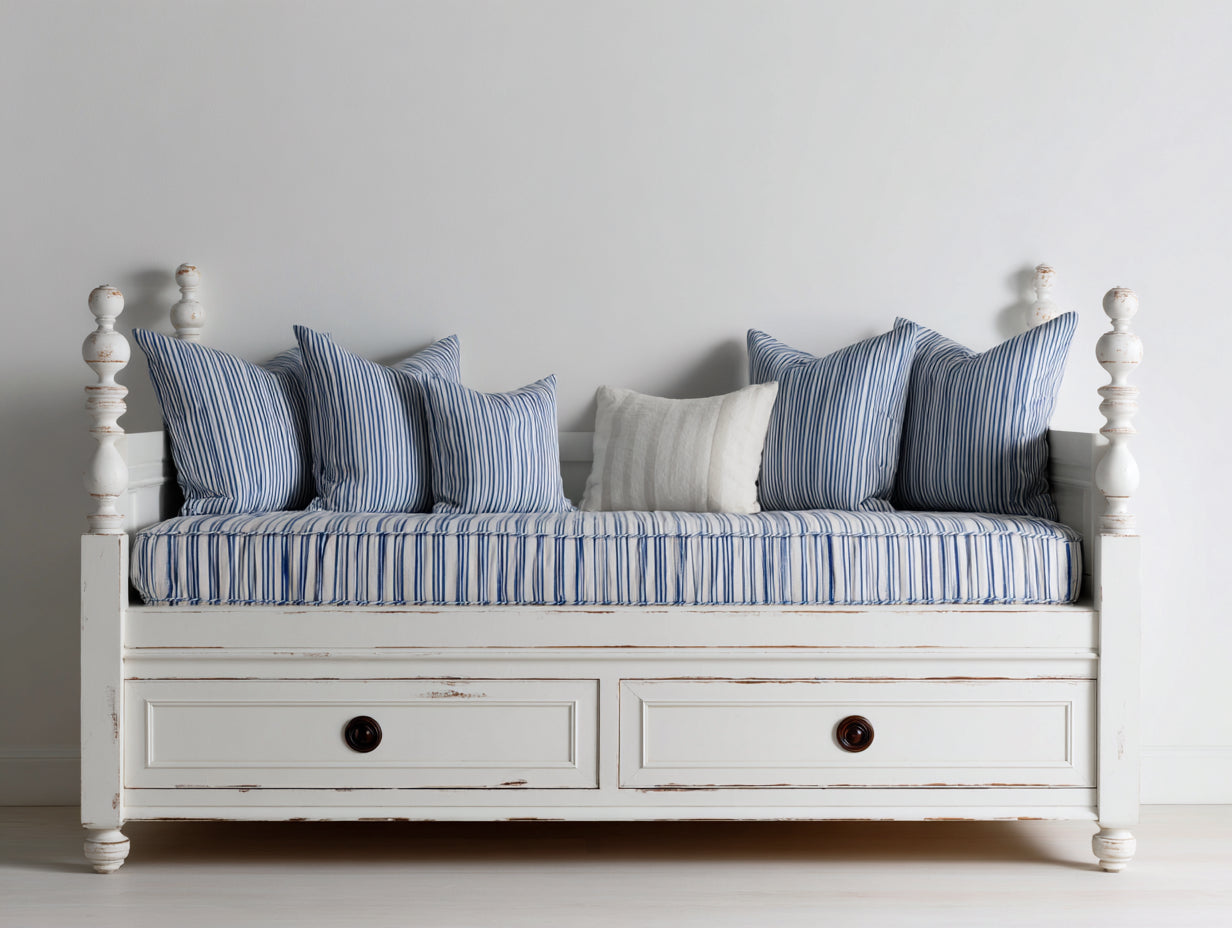 Divano letto-Legno-210x99x101 cm-Bianco anticato-Stile shabby chic con contenitore