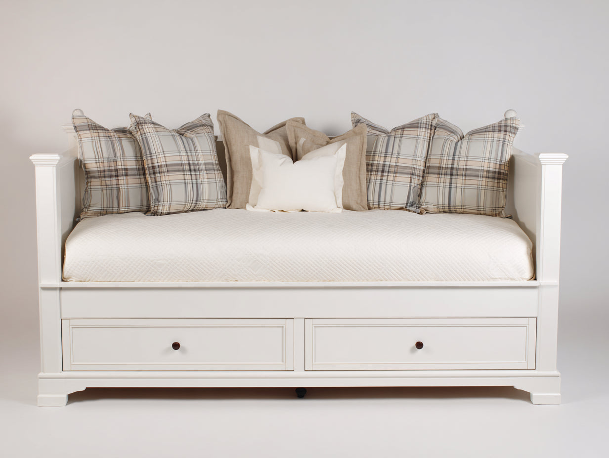Divano letto-Legno-209x99x101 cm-Bianco-Stile classico con montanti decorativi e contenitore