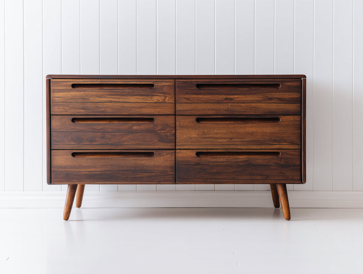 Cassettiera-Legno-152x46x84 cm-Noce scuro-Stile moderno di metà secolo
